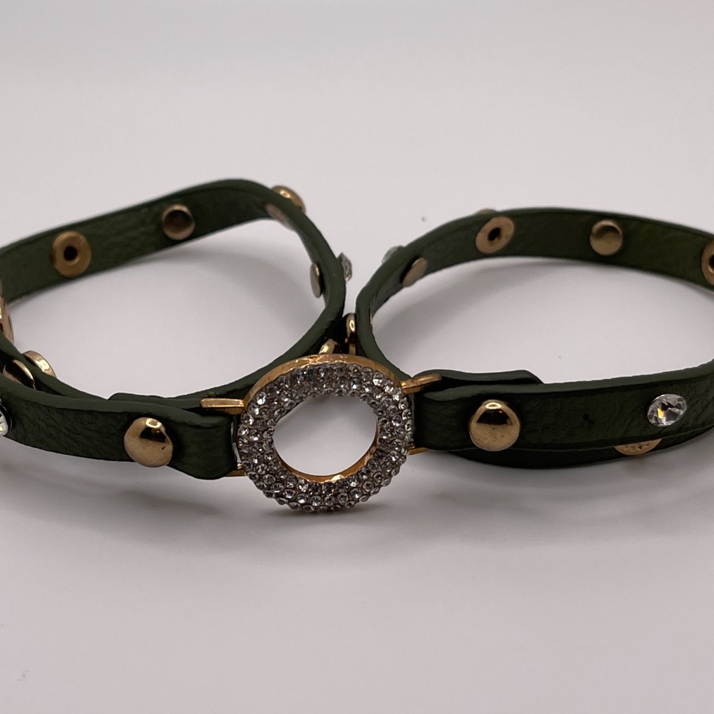 Green & Gold Studded Leather Wrap-Around Studded Cuff Bracelet- Large